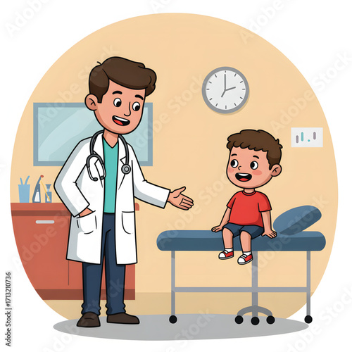 Smiling doctor reassuring a young boy during a friendly checkup in his office.