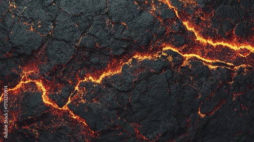 Molten lava flowing through cracked, dark volcanic rock