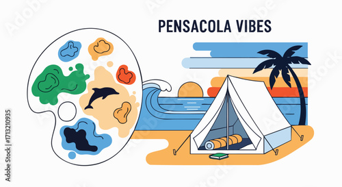 Pensacola beach vibes illustration of a camping tent next to the ocean waves and a palm tree with a palette and dolphin