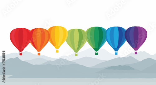 Rainbow hot air balloons flying over a mountain range. Colorful gradient balloons rise into the sky