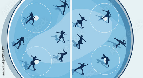 Silhouette illustration of figure skaters on a light blue ice rink performing