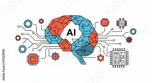 Stylized brain illustration with 'AI' at its core, surrounded by circuits and microchips