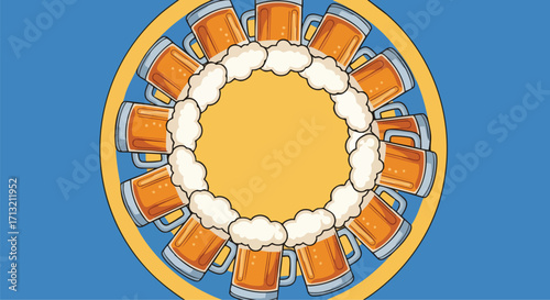 Stylized cartoon beer mugs arranged in a circular frame with a bright background. Perfect for Oktoberfest promotions, pub menus, or brewery events