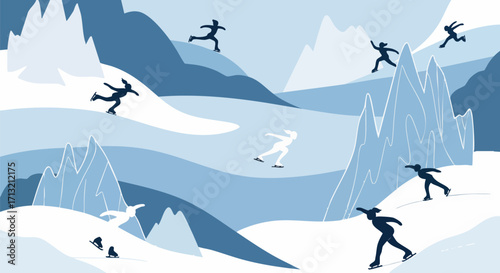 Stylized illustration of people ice skating in a snowy mountain landscape