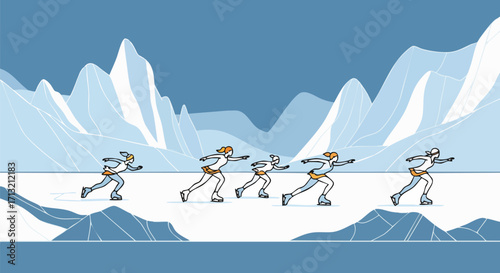 Stylized illustration of ice skaters gliding across a frozen landscape. Dynamic action and movement are depicted, with a focus on winter sports