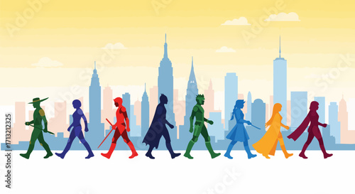 Superhero team striding through a vibrant cityscape. A diverse group of heroes walks in silhouette against a bright, stylized New York skyline
