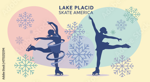 Two graceful female figure skaters in dynamic poses, surrounded by snowflakes and pastel shapes