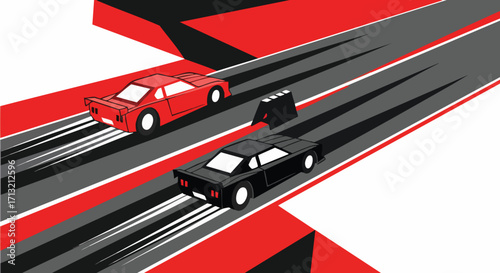 Two classic racing cars compete in a vector art race scene. The illustration highlights speed, competition, and retro design
