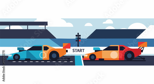Two stylized race cars at a drag strip starting line, ready for competition. Flat design vector art conveying motor sport excitement