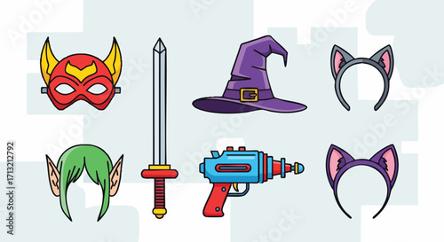 Various costume accessories, including a mask, witch hat, toy sword, space gun and cat ears, set on a light background
