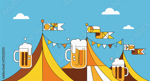 Vector illustration of a beer festival. Frothy beer mugs and colorful tents under a blue sky, conveying a joyful celebration