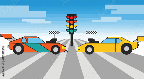 Vector illustration of a drag race with two cars at the starting line under a traffic light against a blue pixelated sky