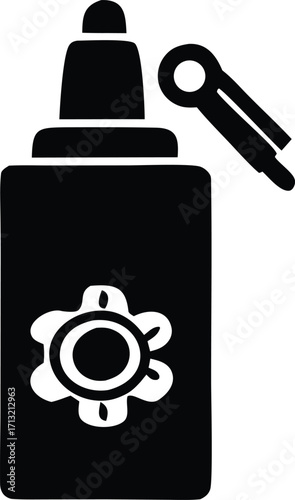 Icon of a bottle with a cog symbol and a detached cap or applicator representing lubricant or adhesive dispensing for mechanical applications.