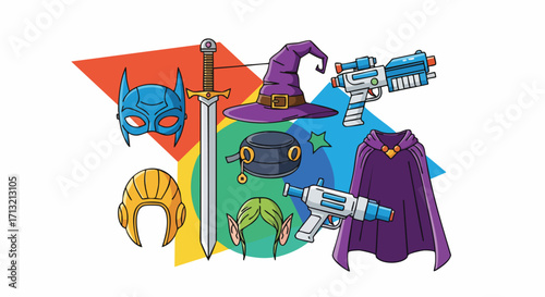 Vector illustration of fantasy and science fiction costume elements including a sword, magic hat, laser guns, superhero mask, and more