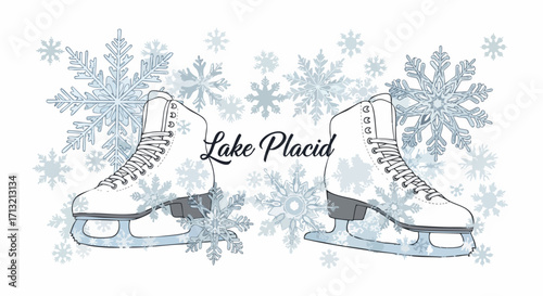 Vector illustration of ice skates and snowflakes, perfect for winter designs. Features the text "Lake Placid"