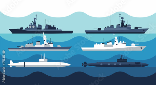 Vector illustration of navy ships and submarines on a stylized ocean background