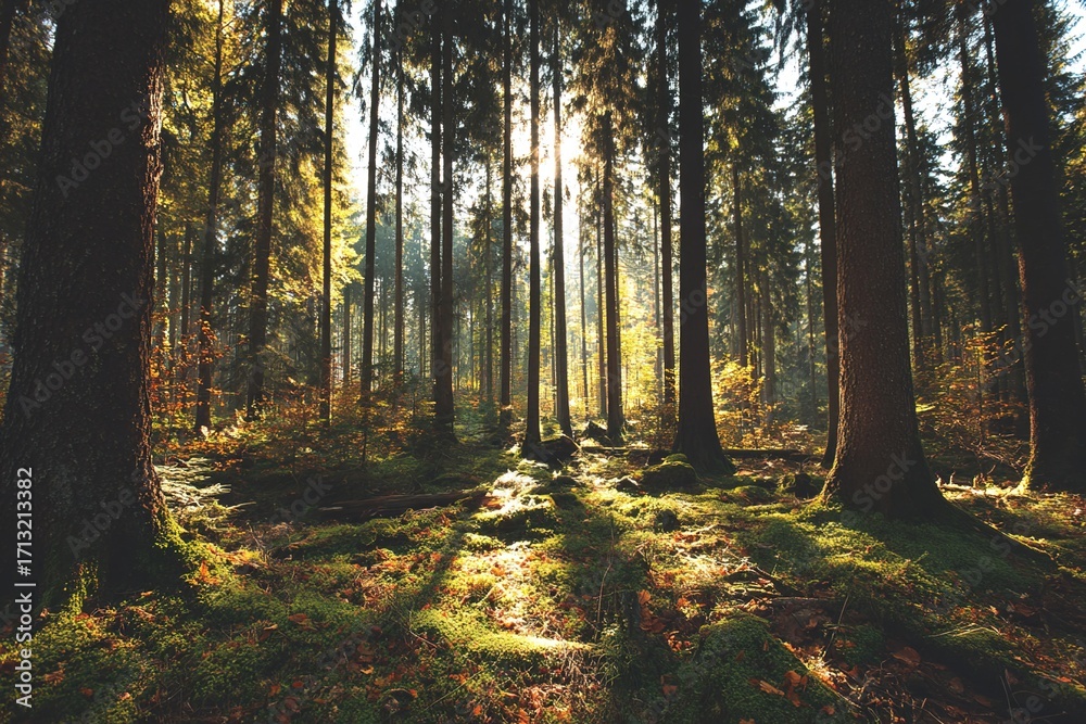 Obraz premium autumn forest trees. nature green wood sunlight backgrounds. High quality