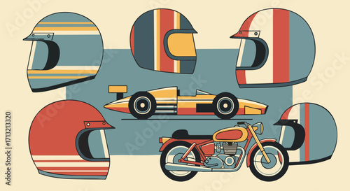Vector illustration of retro style motorcycle and race car helmets. Decorative art with helmets and vehicles