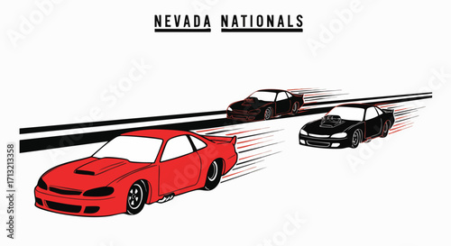 Vector illustration of three drag racing cars, one red and two black, speeding down a track