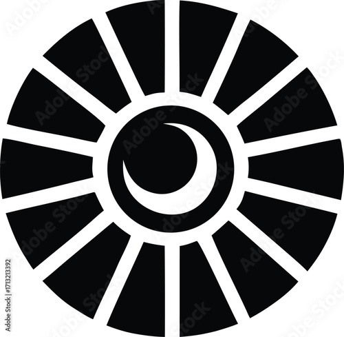 Stylized celestial emblem with crescent moon and sun rays symbolizing duality or transformation