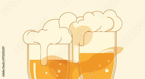 Vector illustration of two glasses of beer with frothy foam. The image depicts a celebratory scene, perfect for pub, bar, or party-themed designs