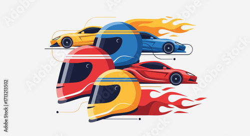 Vector illustration showcasing the excitement of auto racing with a vibrant arrangement of racing cars and helmets, evoking speed, competition, and high-performance sport