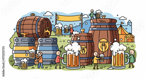 Vibrant cartoon art of an outdoor beer festival scene. Small figures enjoy frothy beer mugs near large wooden barrels and metal kegs