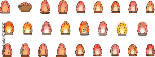 A wide variety of natural salt lamp shapes a vector set of 26 different glowing Himalayan salt rock lamps An illustration for wellness, meditation and deep relaxation concepts