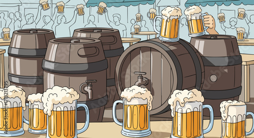 Vibrant cartoon illustration of a lively beer festival with frothy mugs, wooden barrels, and cheering crowds in the background