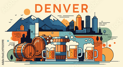 Vibrant Denver, Colorado, illustration showcasing the cityscape, majestic mountains, and a lively craft beer scene with barrels and frothy mugs