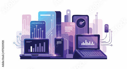 Vibrant digital illustration showcasing interconnected technology devices and data processing