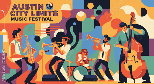 Vibrant flat design illustration of a band playing at the Austin City Limits Music Festival