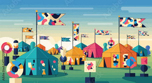 Vibrant festival scene illustration. Colorful tents, flags, and abstract art installations create a joyful, summery atmosphere