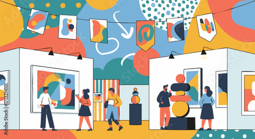 Vibrant flat design illustration of an art exhibition