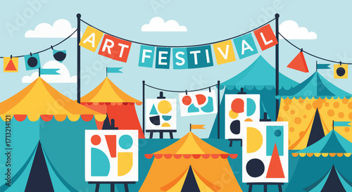 Vibrant flat design illustration of an outdoor art festival