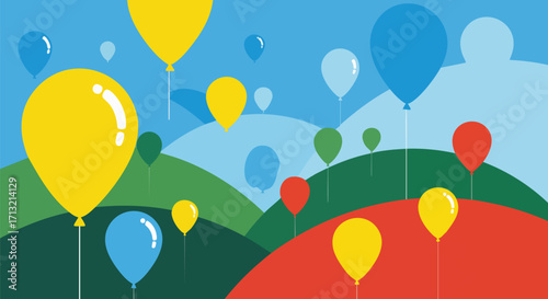 Vibrant flat design illustration of many colorful balloons floating above stylized rolling hills