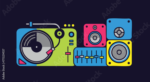 Vibrant flat design illustration of DJ equipment: turntable, mixer, equalizer, and speakers