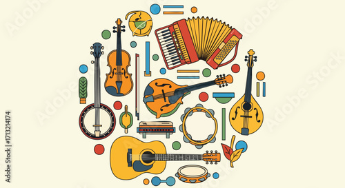 Vibrant flat design vector illustration of colorful folk and traditional musical instruments in a circle