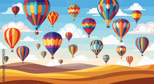 Vibrant hot air balloons fill a bright blue sky with clouds above desert hills. This cheerful illustration evokes adventure, freedom, and celebration