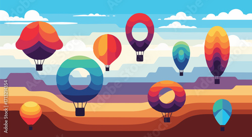 Vibrant hot air balloons float gracefully across a clear, stylized sky above a layered landscape