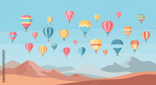 Vibrant hot air balloons float across a serene blue sky above stylized mountains