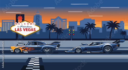 Vibrant illustration of a drag race in Las Vegas