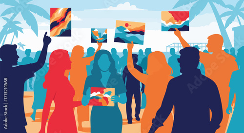 Vibrant illustration of an outdoor art market bustling with a diverse crowd of people