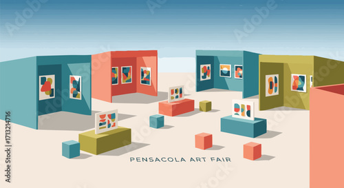 Vibrant isometric illustration depicting the 'Pensacola Art Fair'. Colorful abstract paintings are displayed in bright gallery booths