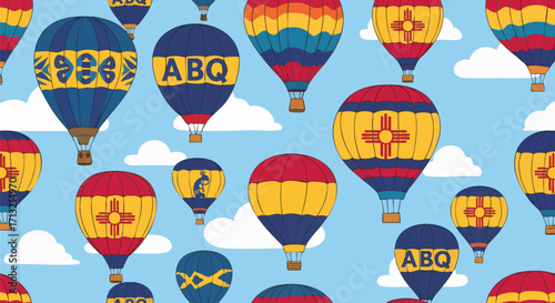 Vibrant pattern featuring colorful hot air balloons floating in a blue sky with white clouds