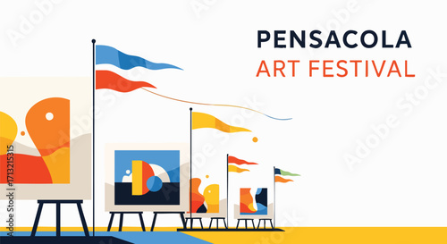 Vibrant vector illustration for the Pensacola Art Festival. Abstract paintings on easels and colorful flags portray a lively cultural event