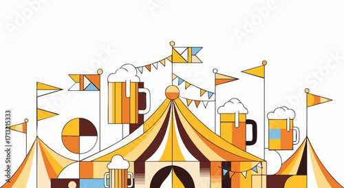 Vibrant vector illustration of a festive beer festival or fairground scene with colorful striped tents, flags, and frothy beer mugs