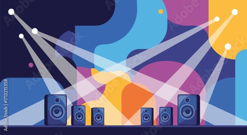 Vibrant vector illustration of a stage with spotlights and multiple speakers