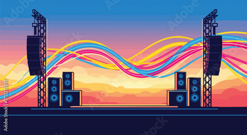 Vibrant vector illustration of an outdoor concert stage with speaker systems