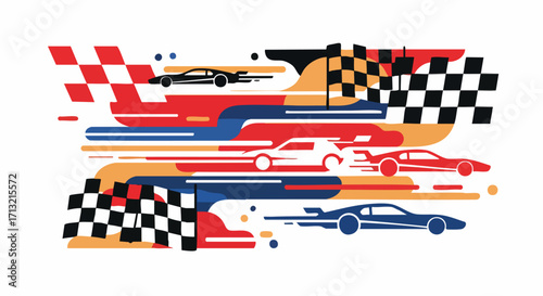 Vibrant vector illustration showcasing a dynamic car race with multiple vehicles speeding past checkered flags